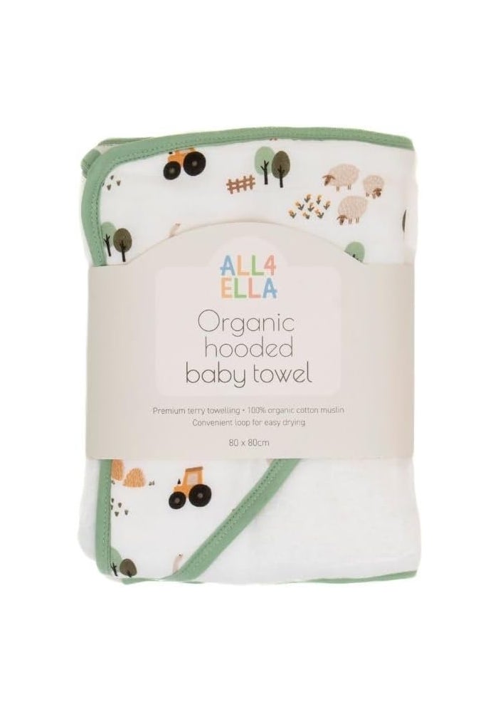 All4Ella Organic Hooded Baby Towel - Country Farm - Image 1
